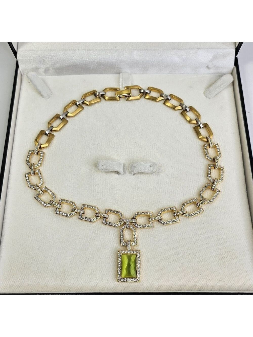 Vintage Butler Green Pendant Link Necklace Gold And Silver Tone & Rhinestone 51g